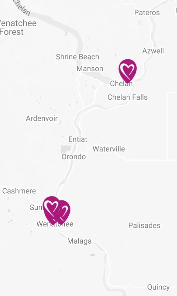 Location map with markers showing locations across Wenatchee area