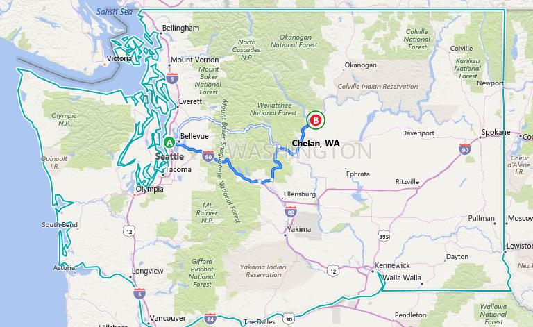 Image of a map with directions form Seattle to Chelan, WA